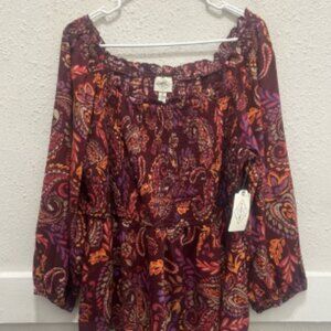 St John's Bay Smocked Peplum Top in Ruby Paisley NWT 1X